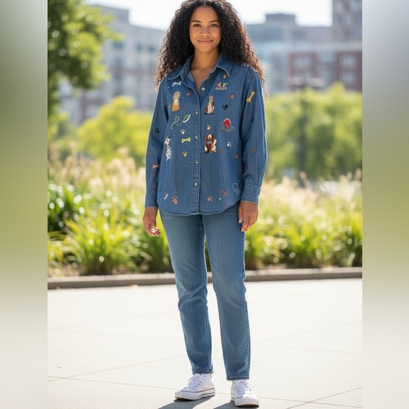 Quacker Factory Tops - Quacker Factory Blue Denim Button Down Shirt with Dog Embroidery M